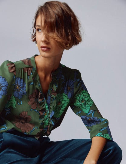 Alice Frill Front Silk Top-Green, Peony Bloom-5