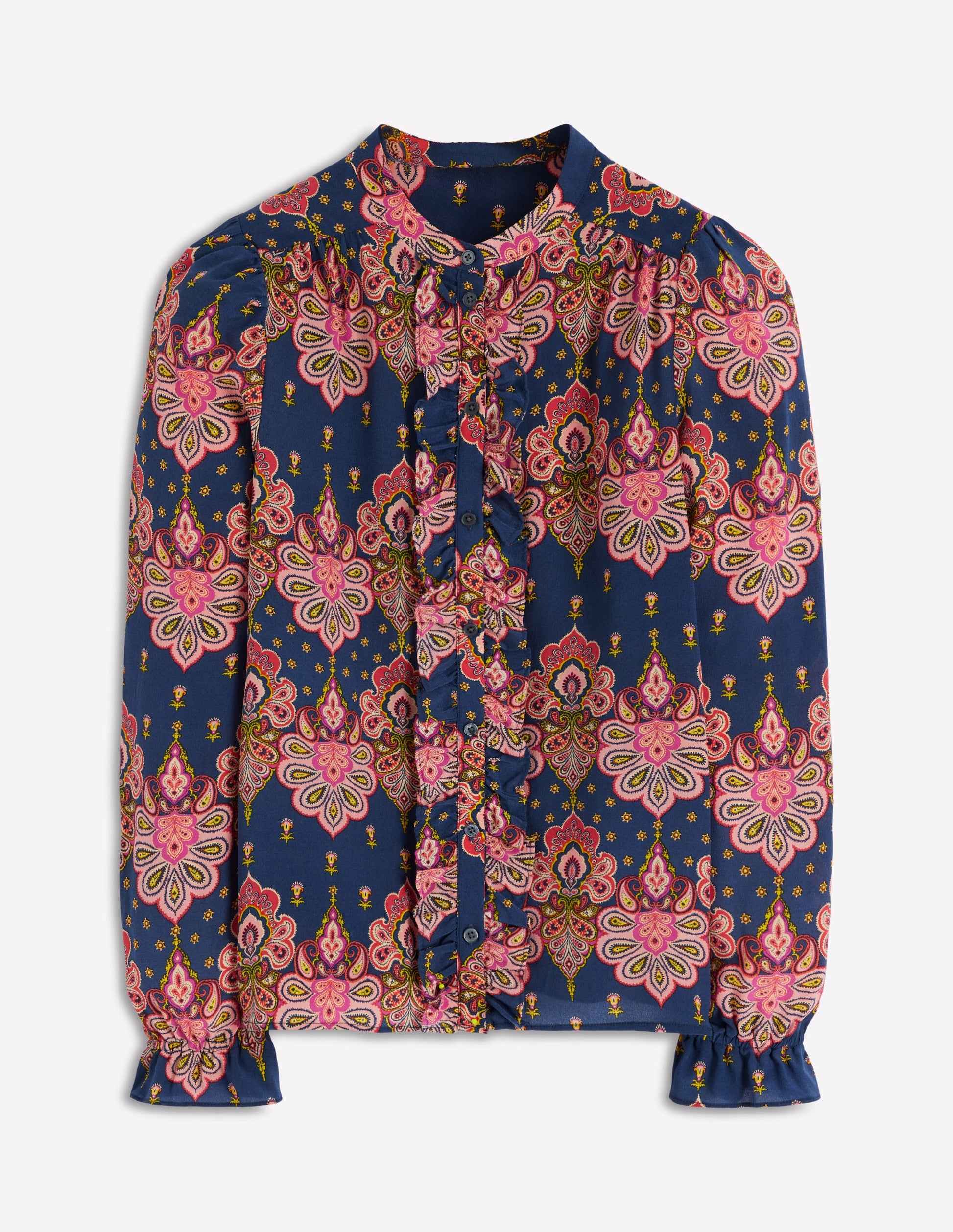 Alice Frill Front Silk Top-Navy, Embellished Paisley-5