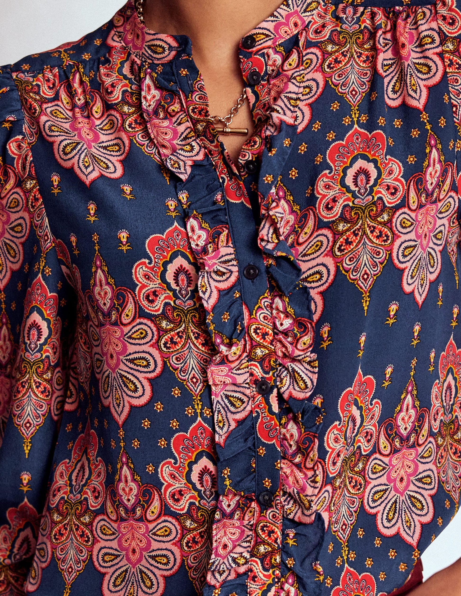Alice Frill Front Silk Top-Navy, Embellished Paisley-2