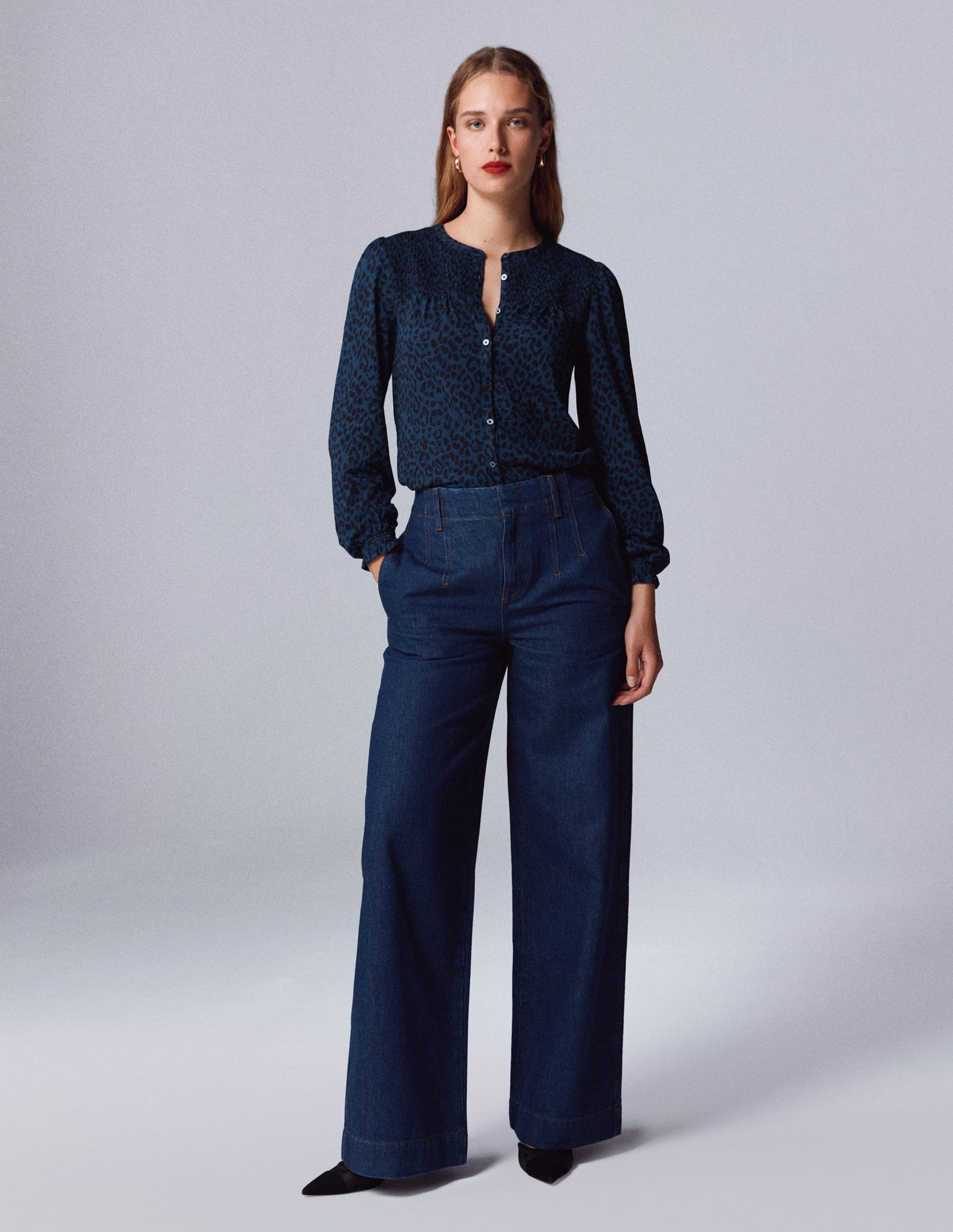 Elsa Smocked Yoke Jersey Shirt-Teal Leopard