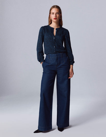 Elsa Smocked Yoke Jersey Shirt-Teal Leopard-1