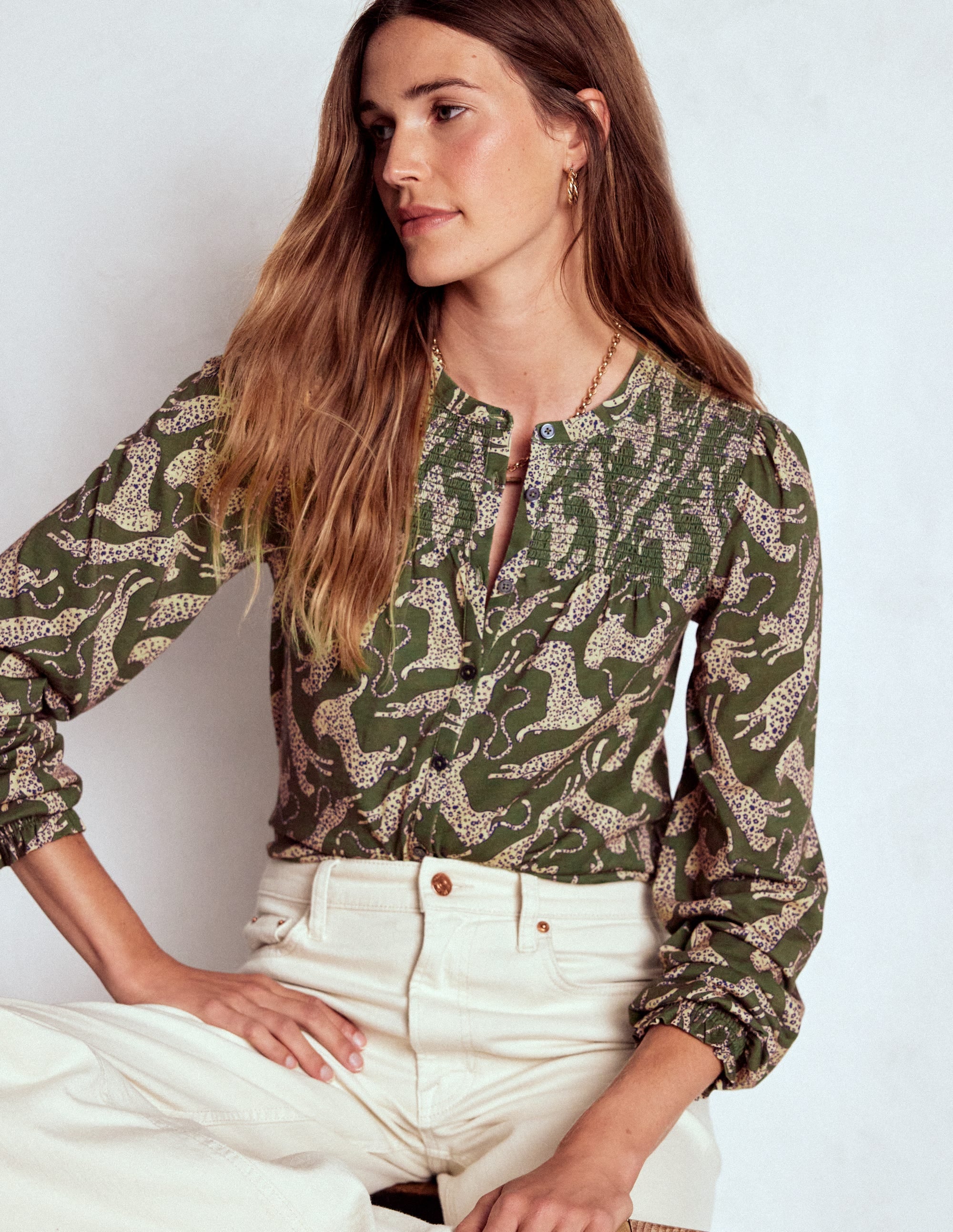 Elsa Smocked Yoke Jersey Shirt-Green, Leaping Leopard - Image 1