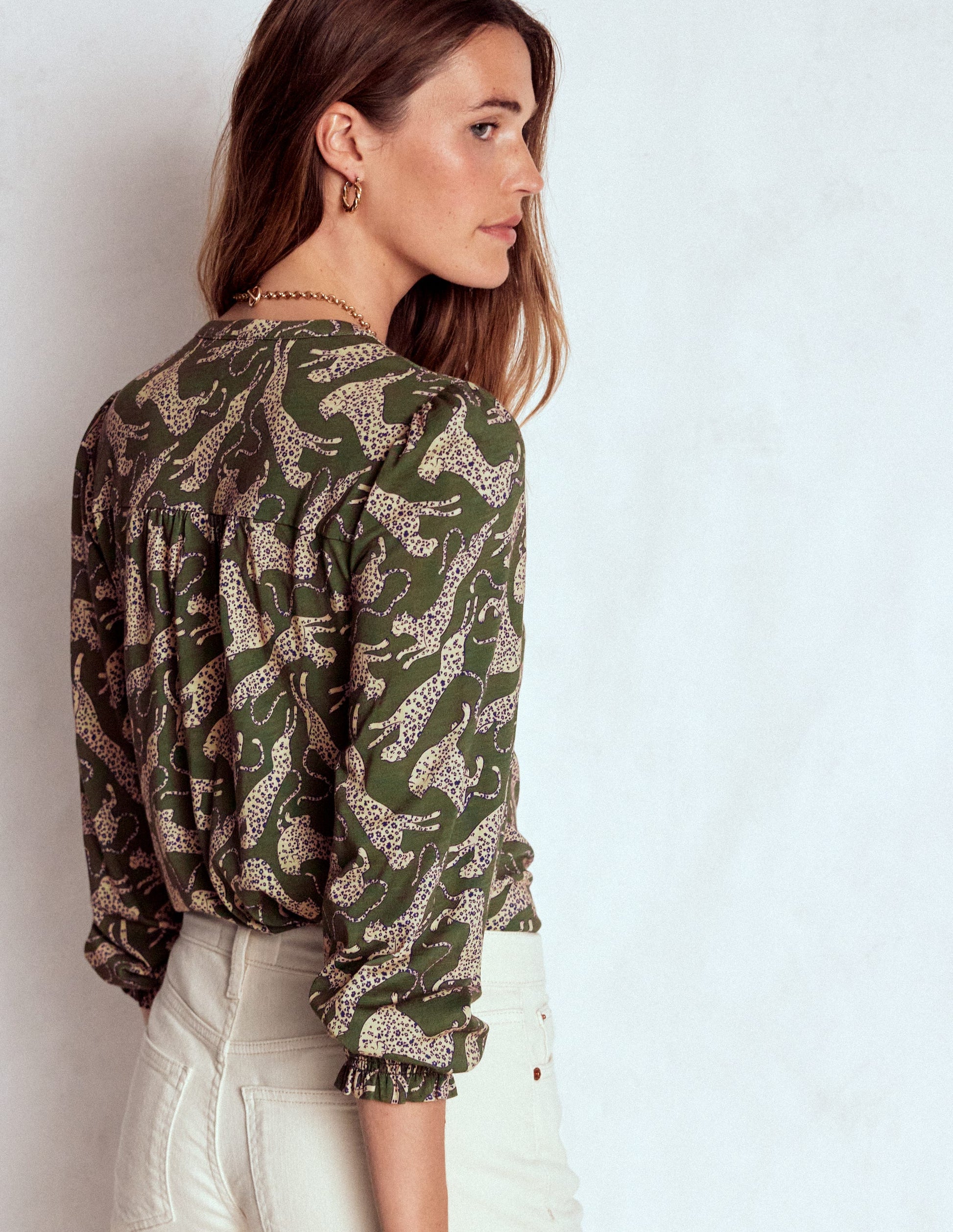 Elsa Smocked Yoke Jersey Shirt-Green, Leaping Leopard-3