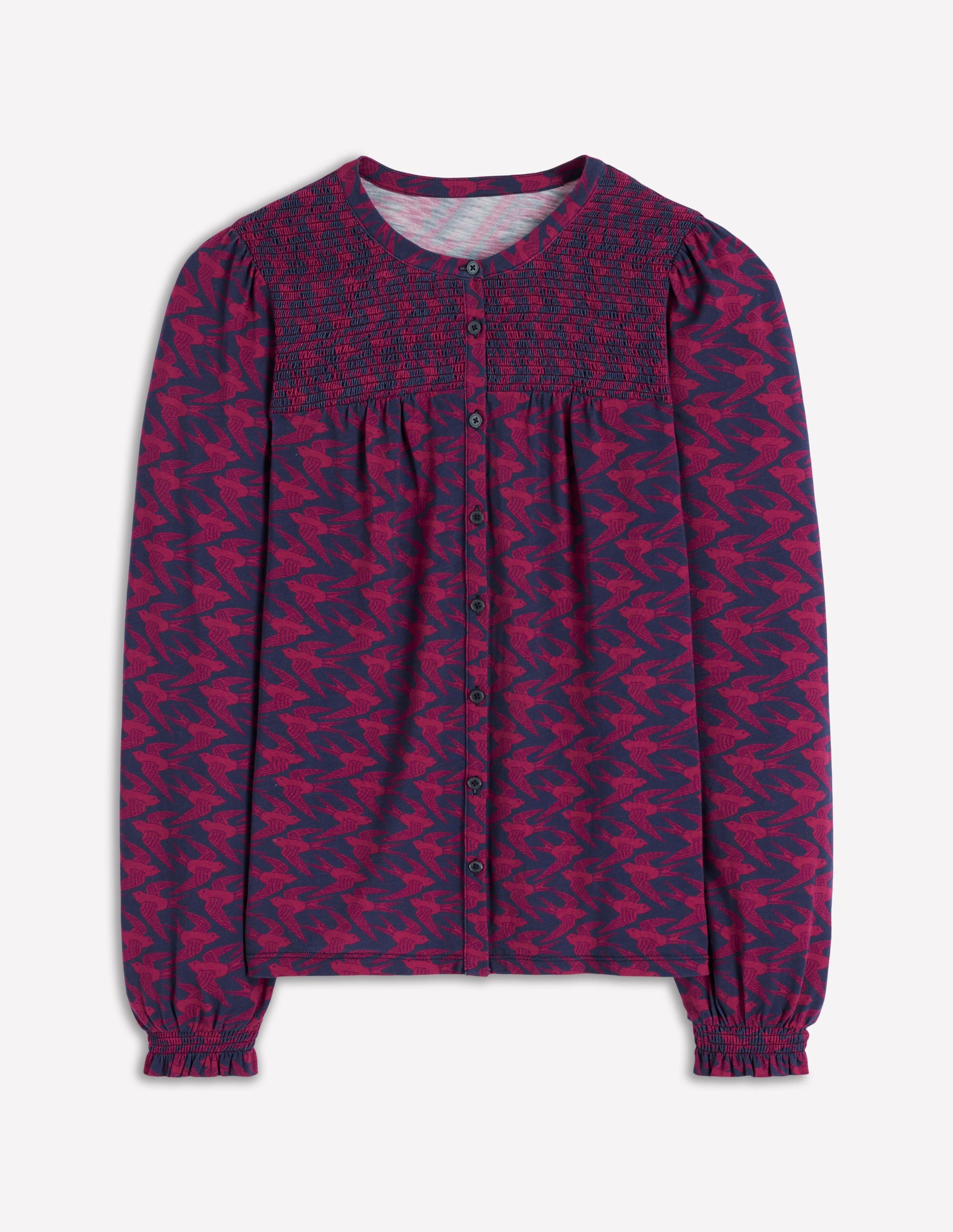 Elsa Smocked Yoke Jersey Shirt-French Navy, Swooping Swallow - Image 5