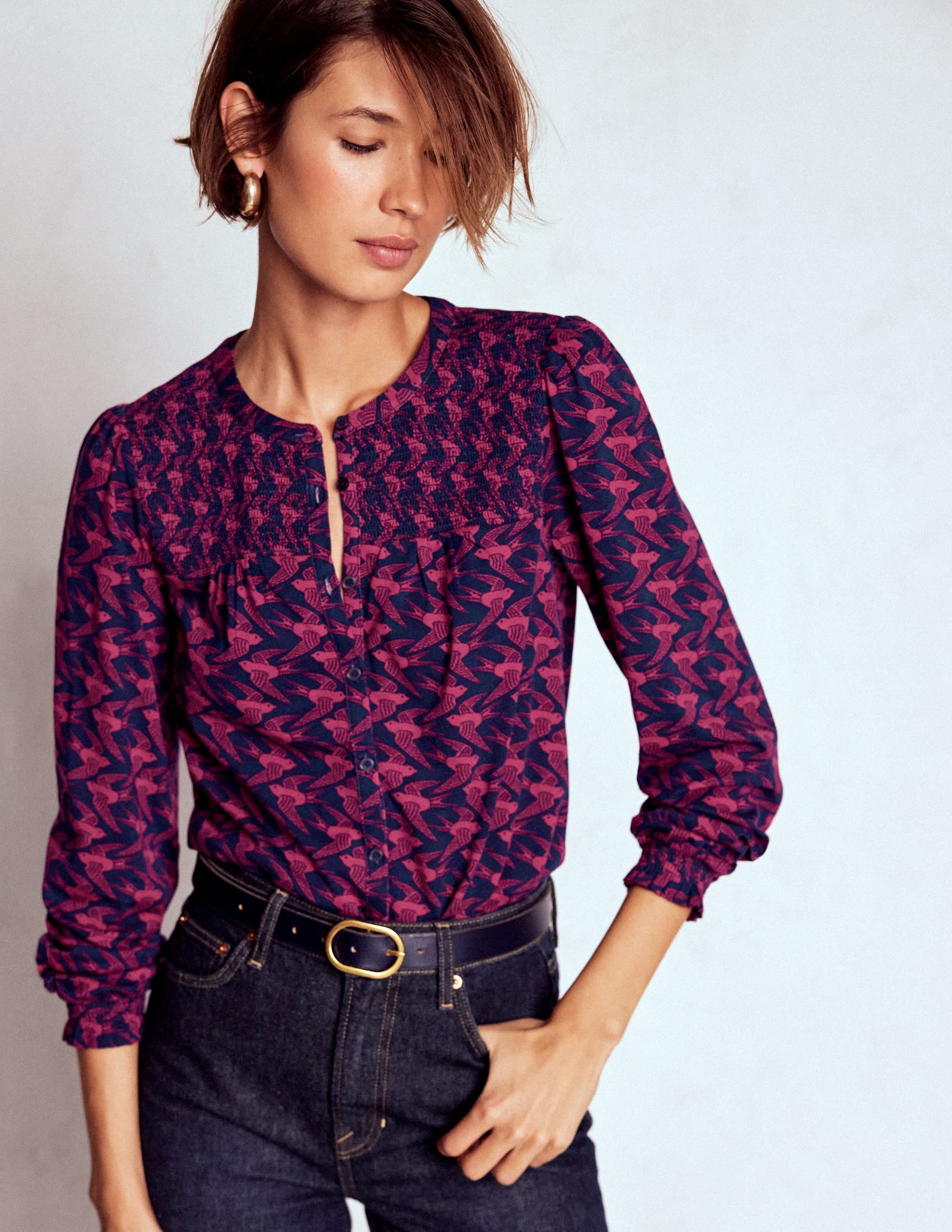 Elsa Smocked Yoke Jersey Shirt-French Navy, Swooping Swallow - Image 1