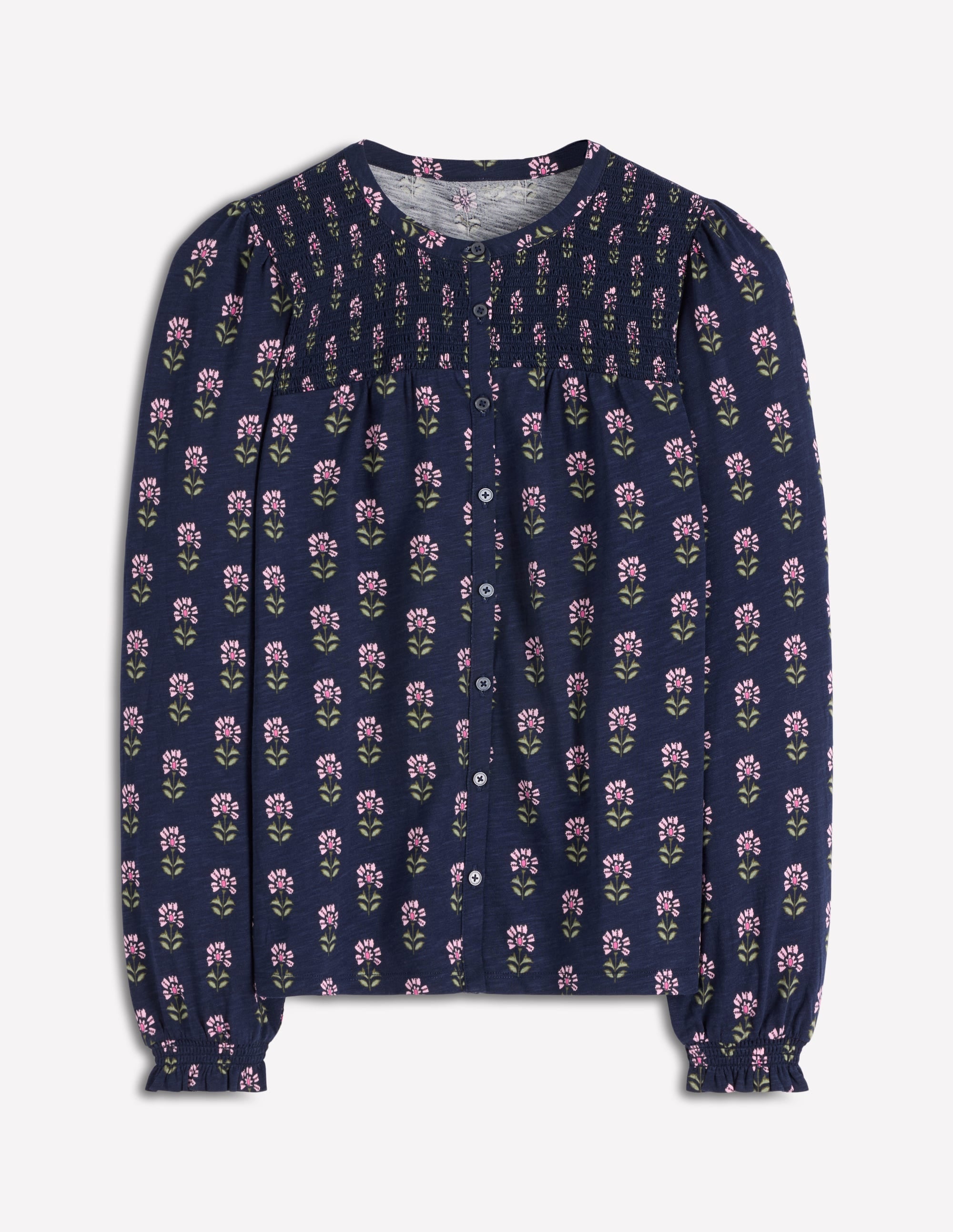 Elsa Smocked Yoke Jersey Shirt-Navy, Woodblock Flower - Image 6