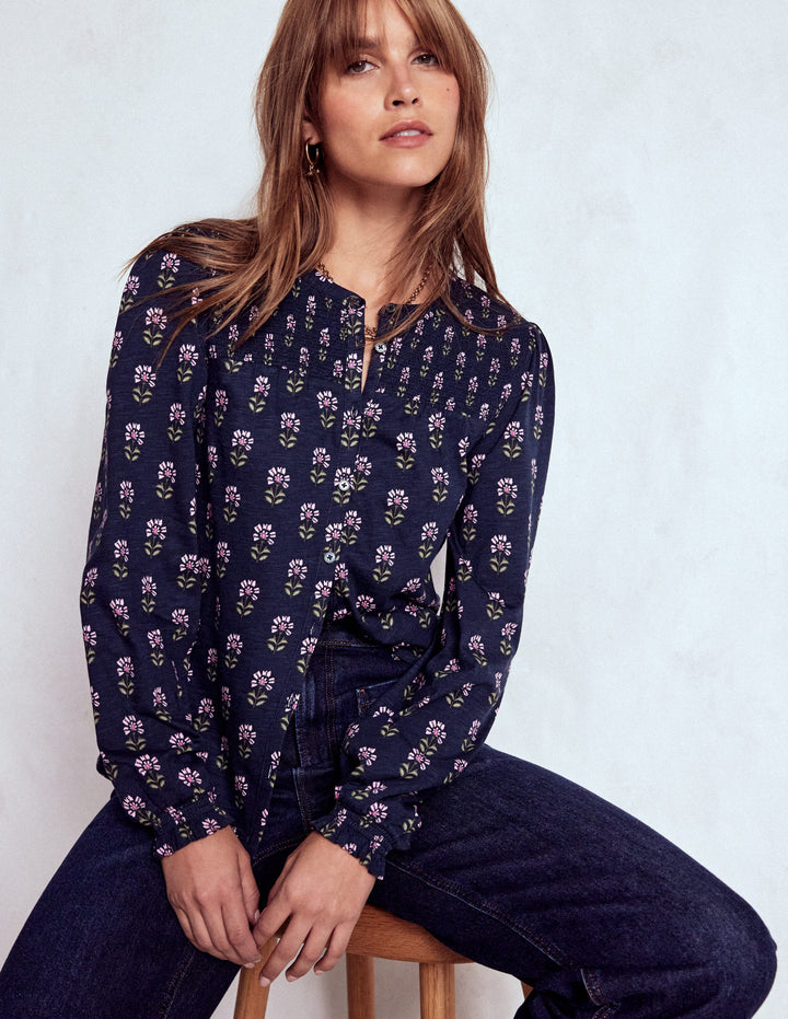 Elsa Smocked Yoke Jersey Shirt-Navy, Woodblock Flower