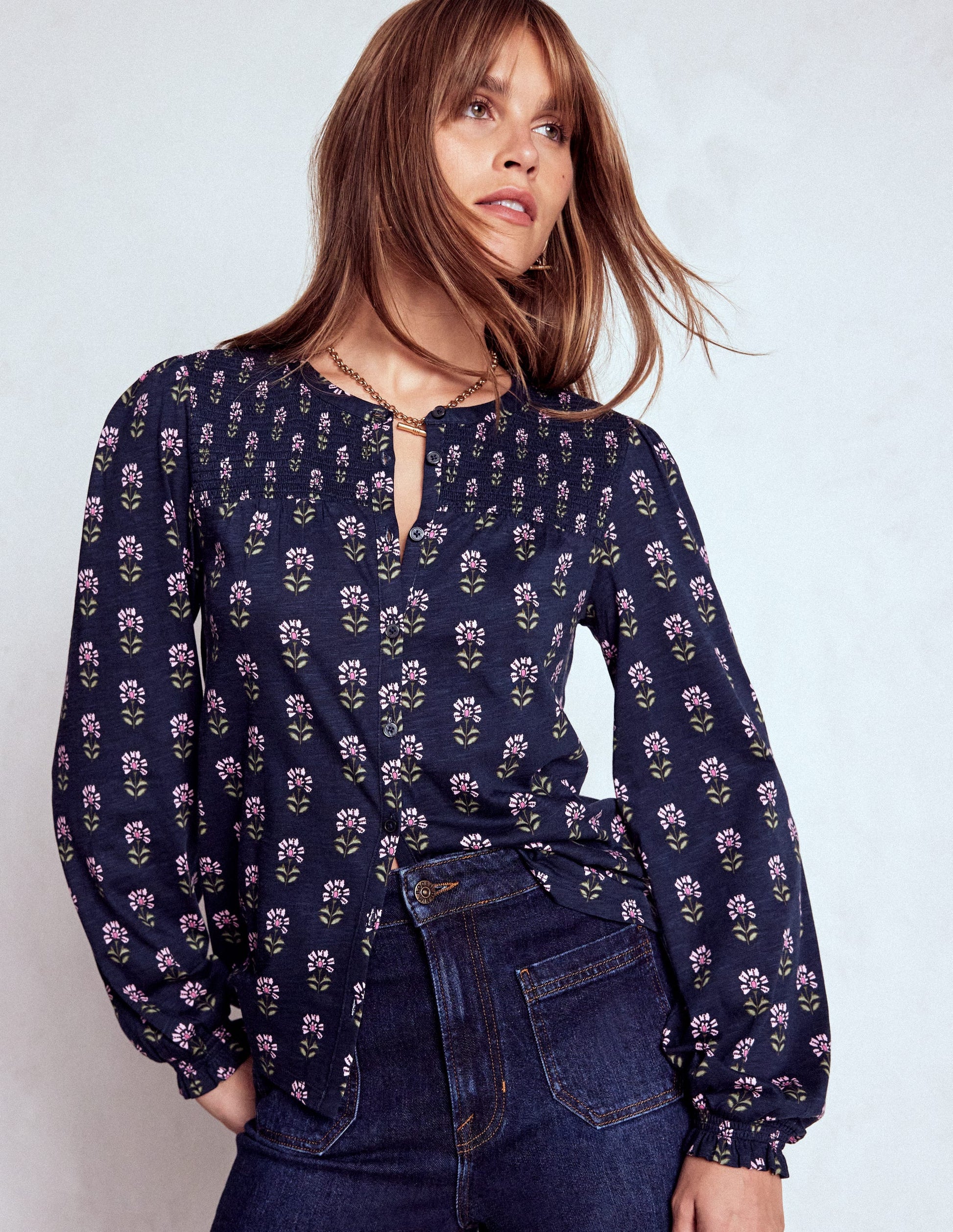 Elsa Smocked Yoke Jersey Shirt-Navy, Woodblock Flower-3
