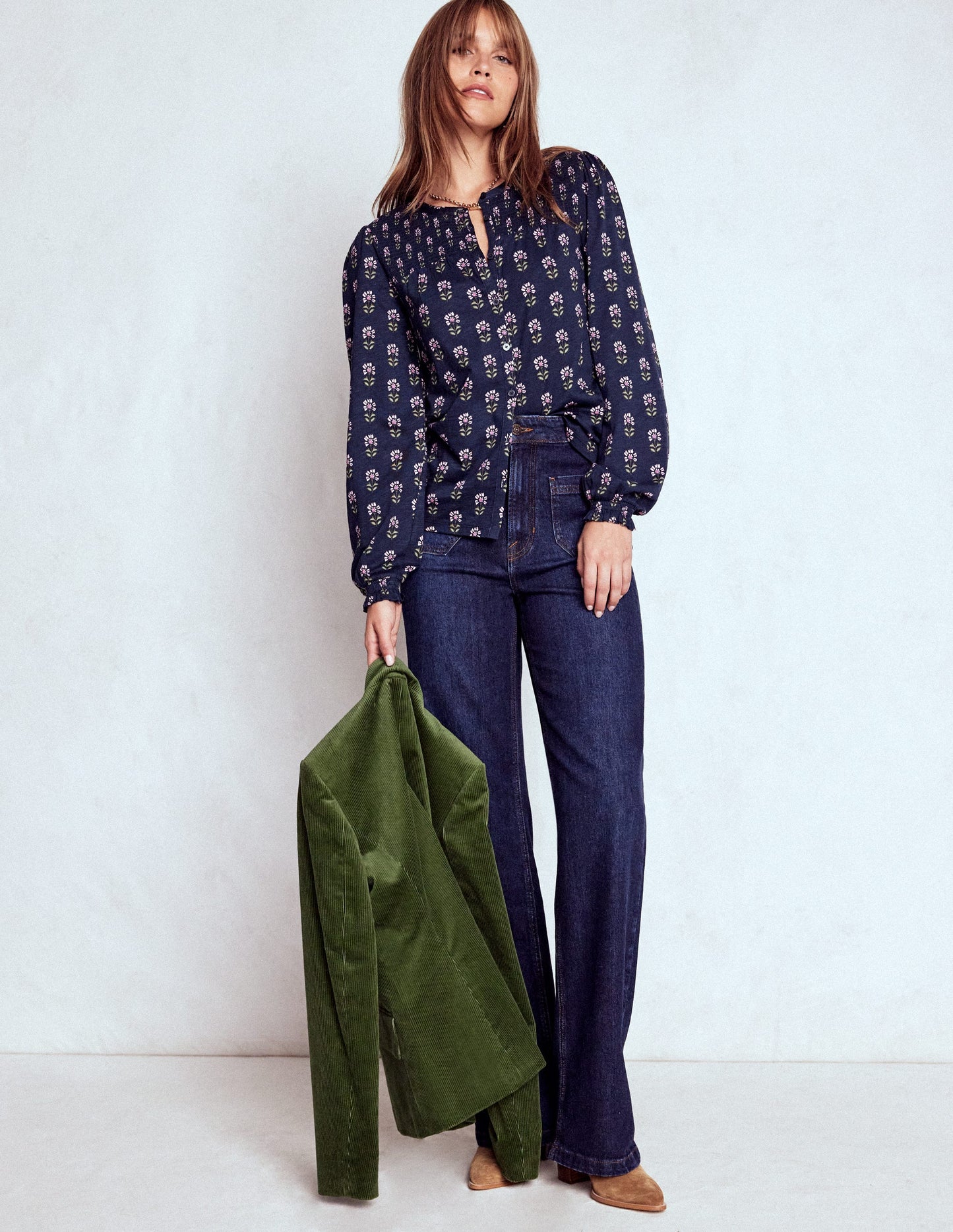 Elsa Smocked Yoke Jersey Shirt-Navy, Woodblock Flower