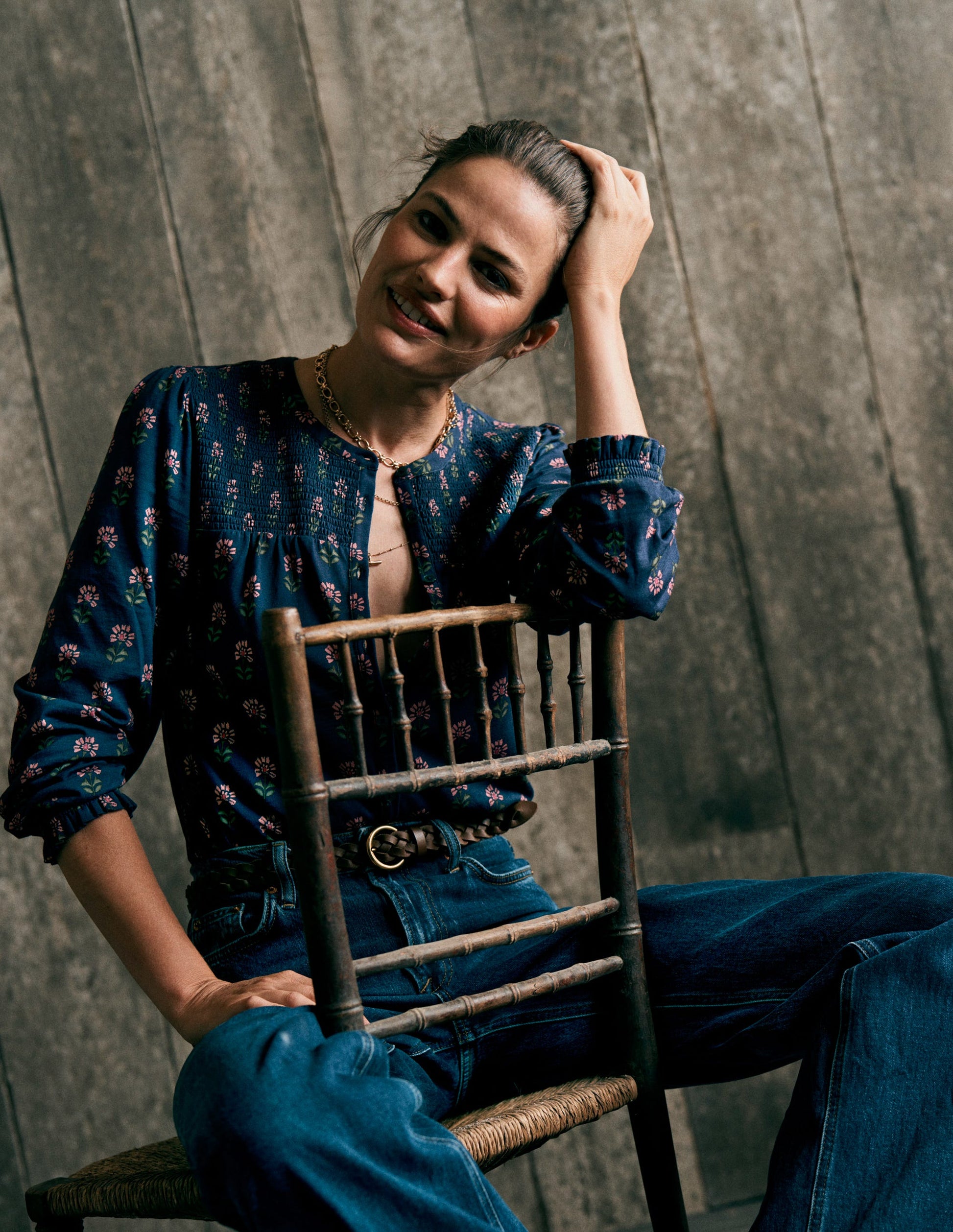Elsa Smocked Yoke Jersey Shirt-Navy, Woodblock Flower-1