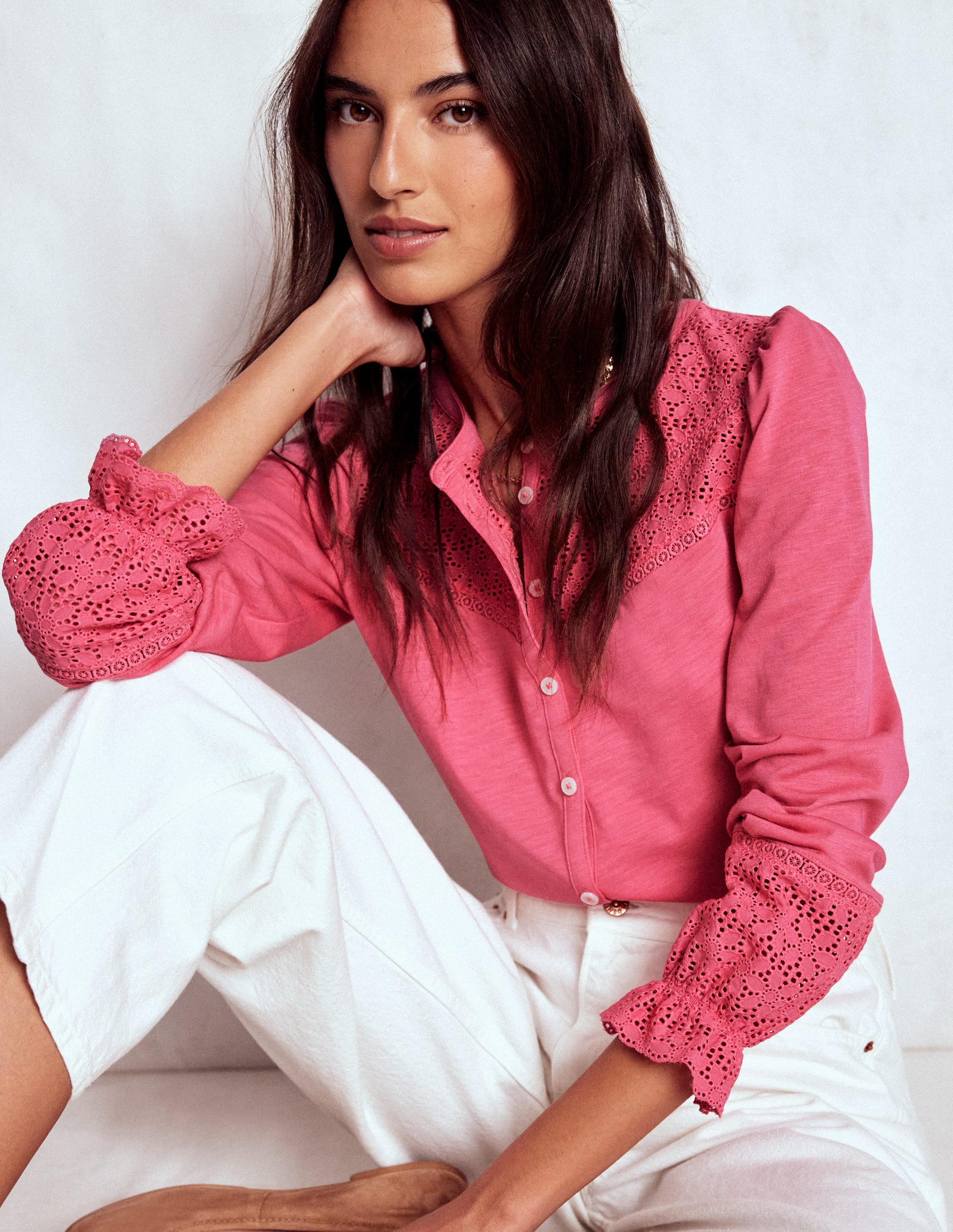 Pippa Broderie Jersey Shirt-Rose Pink - Image 1