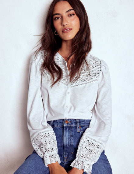 Pippa Broderie Jersey Shirt-White