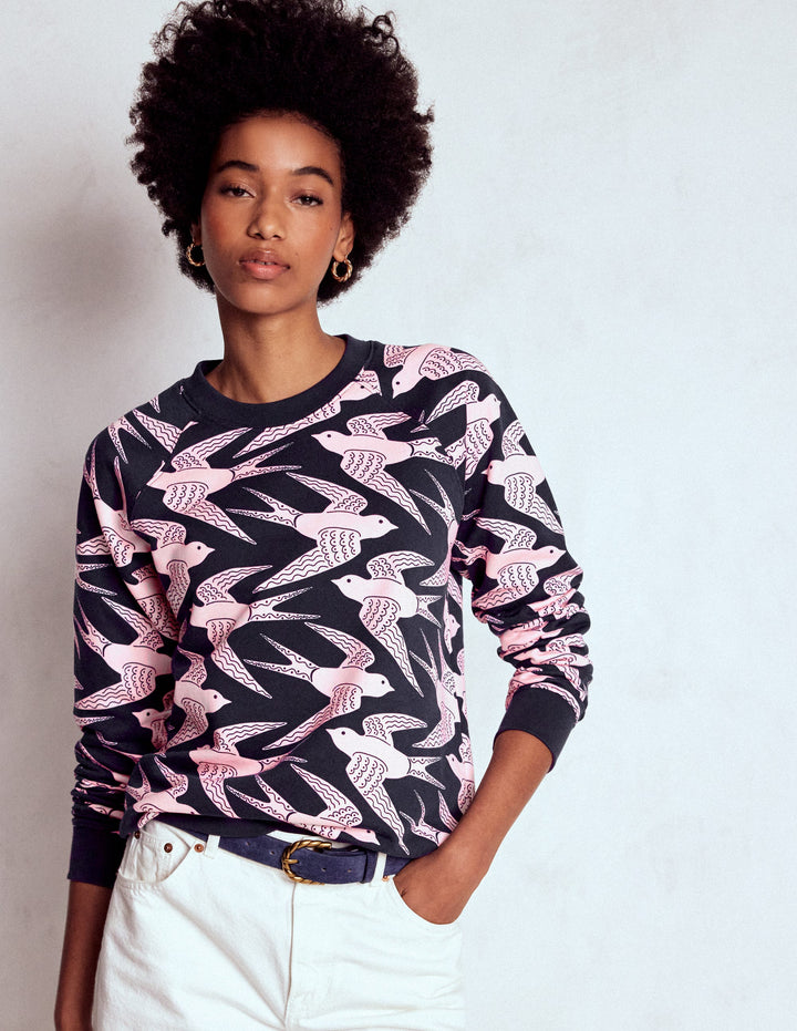 Rosa Printed Sweatshirt-Navy, Pink Swooping Swallow