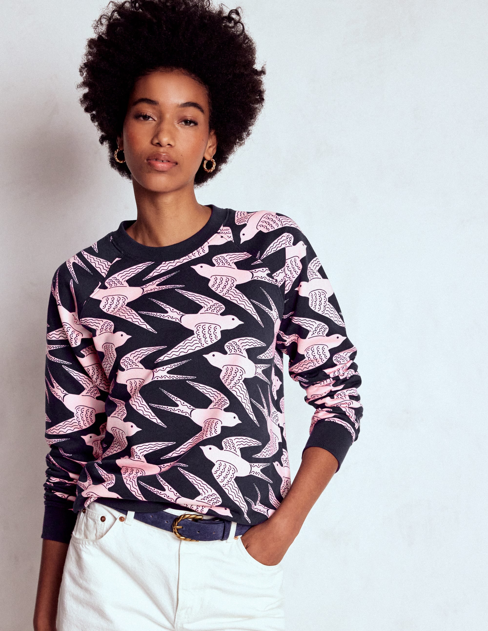 Rosa Printed Sweatshirt-Navy, Pink Swooping Swallow - Image 1