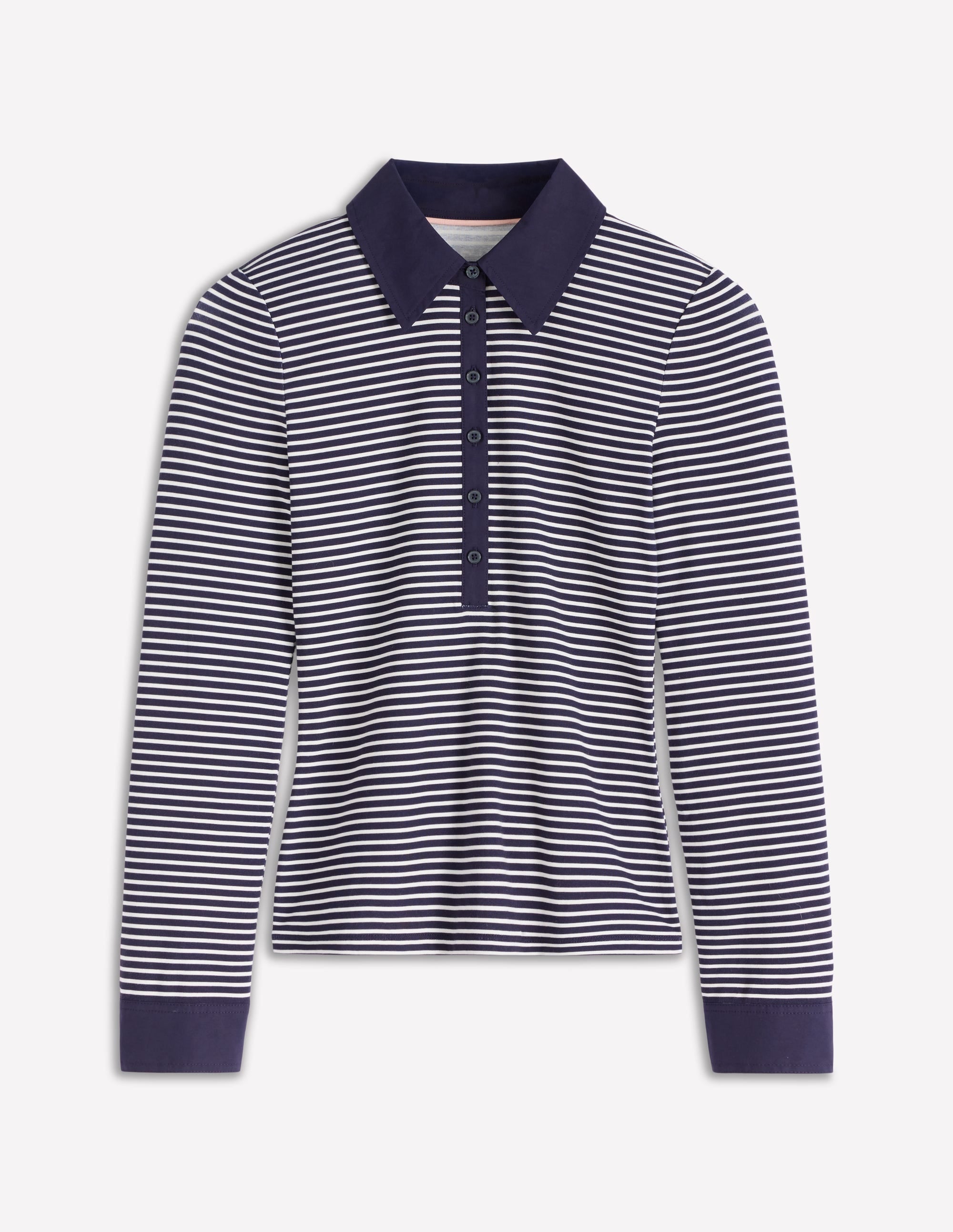 Collared Placket Jersey Shirt-Navy, Ivory Stripe - Image 5