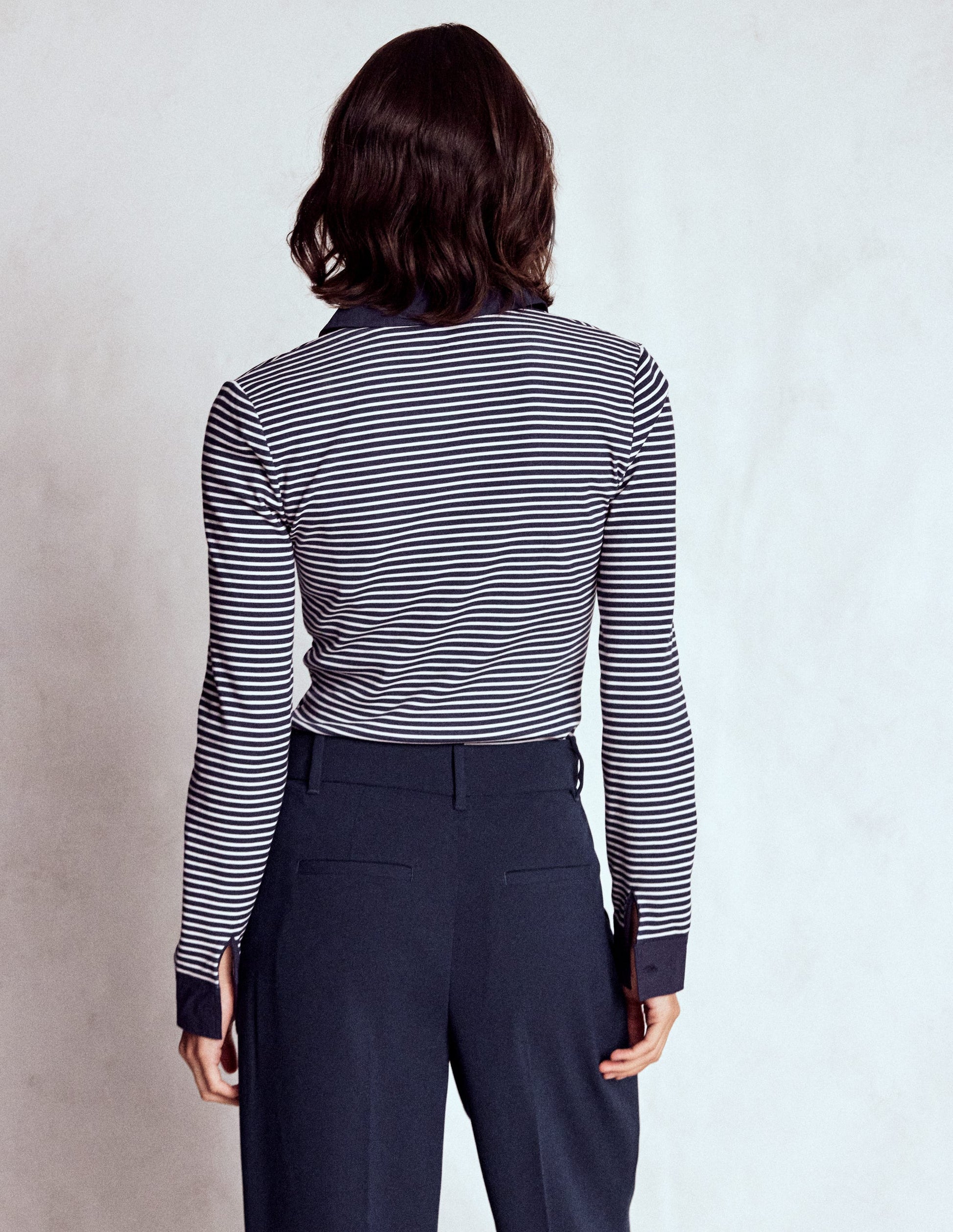 Collared Placket Jersey Shirt-Navy, Ivory Stripe-3