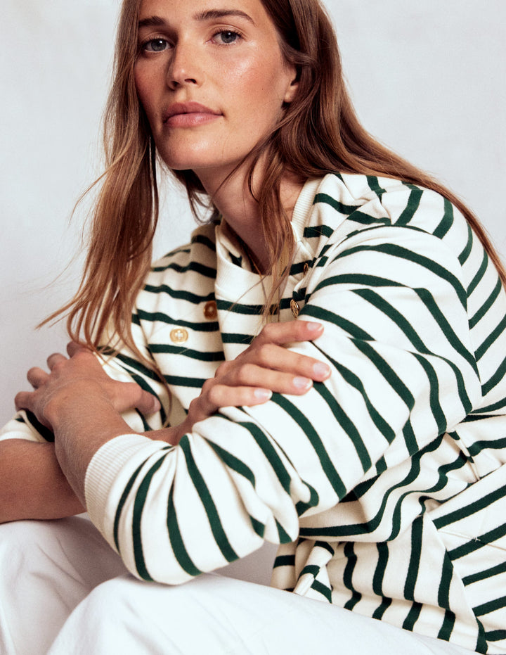 Button Detail Sweatshirt-Emerald Night, Ivory