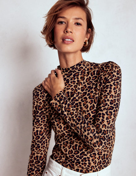 Puff Shoulder Jersey Top-Multi, Cheetah Pop