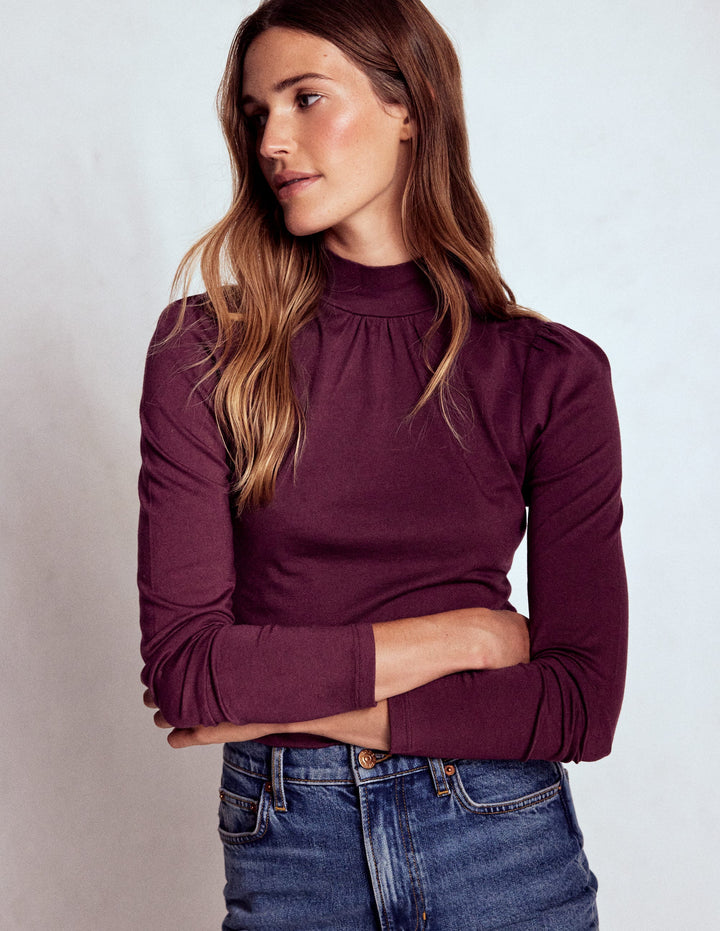 Puff Shoulder Jersey Top-Dark Cherry