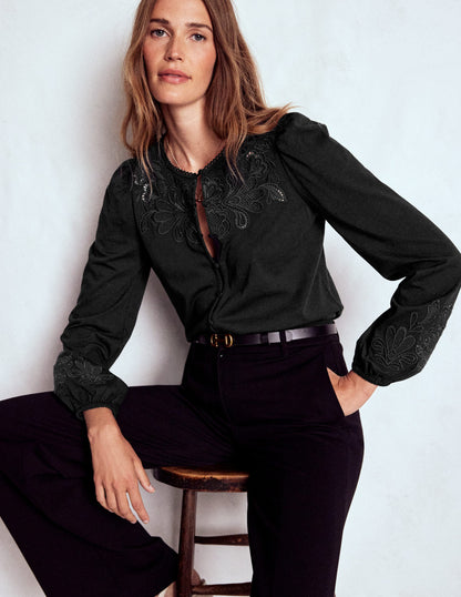 Cutwork Detail Jersey Top-Black-1