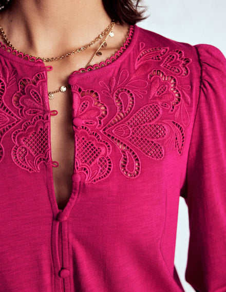 Cutwork Detail Jersey Top-Vibrant Pink
