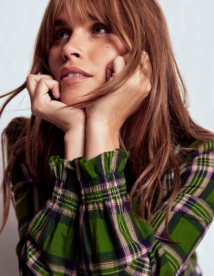 Lorna Brushed Cotton Top-Green, Navy & Pink Check