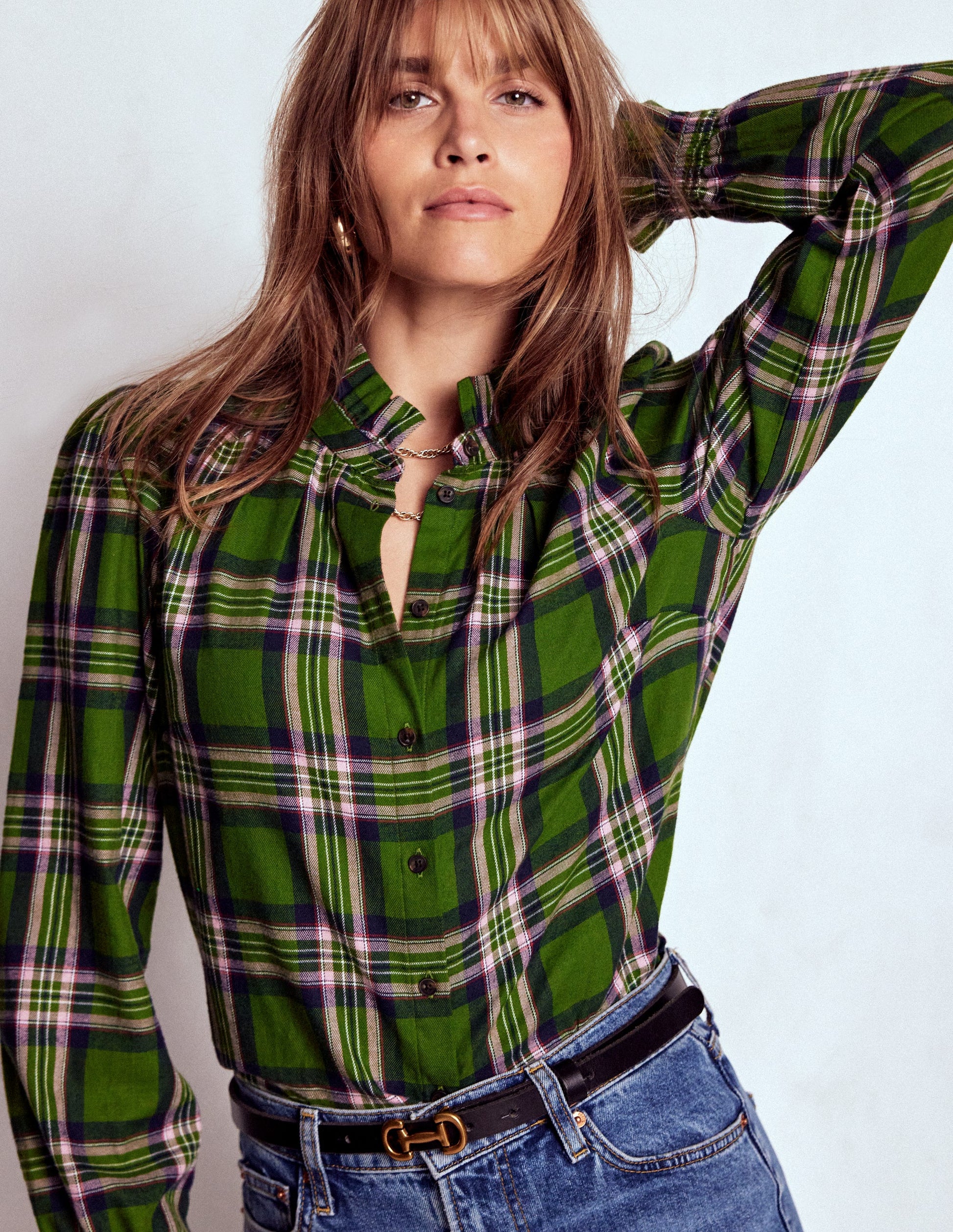 Lorna Brushed Cotton Top-Green, Navy & Pink Check-5