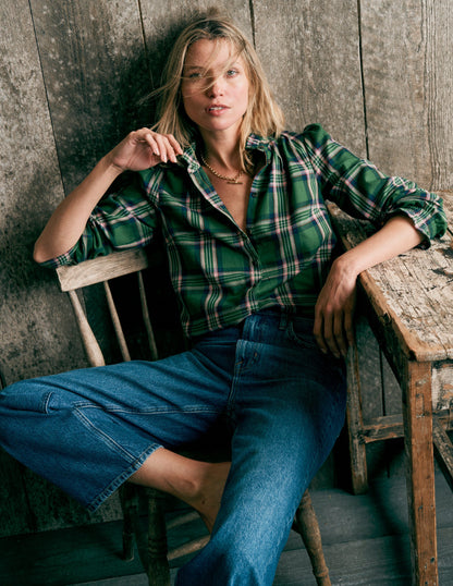 Lorna Brushed Cotton Top-Green, Navy & Pink Check-1