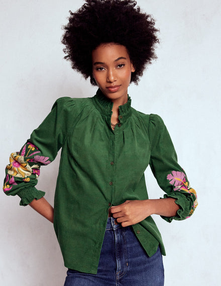 Lorna Cord Top-Hunter Green Embroidered