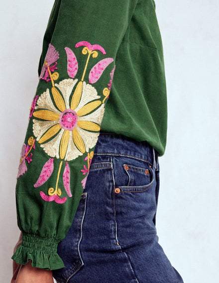 Lorna Cord Top-Hunter Green Embroidered