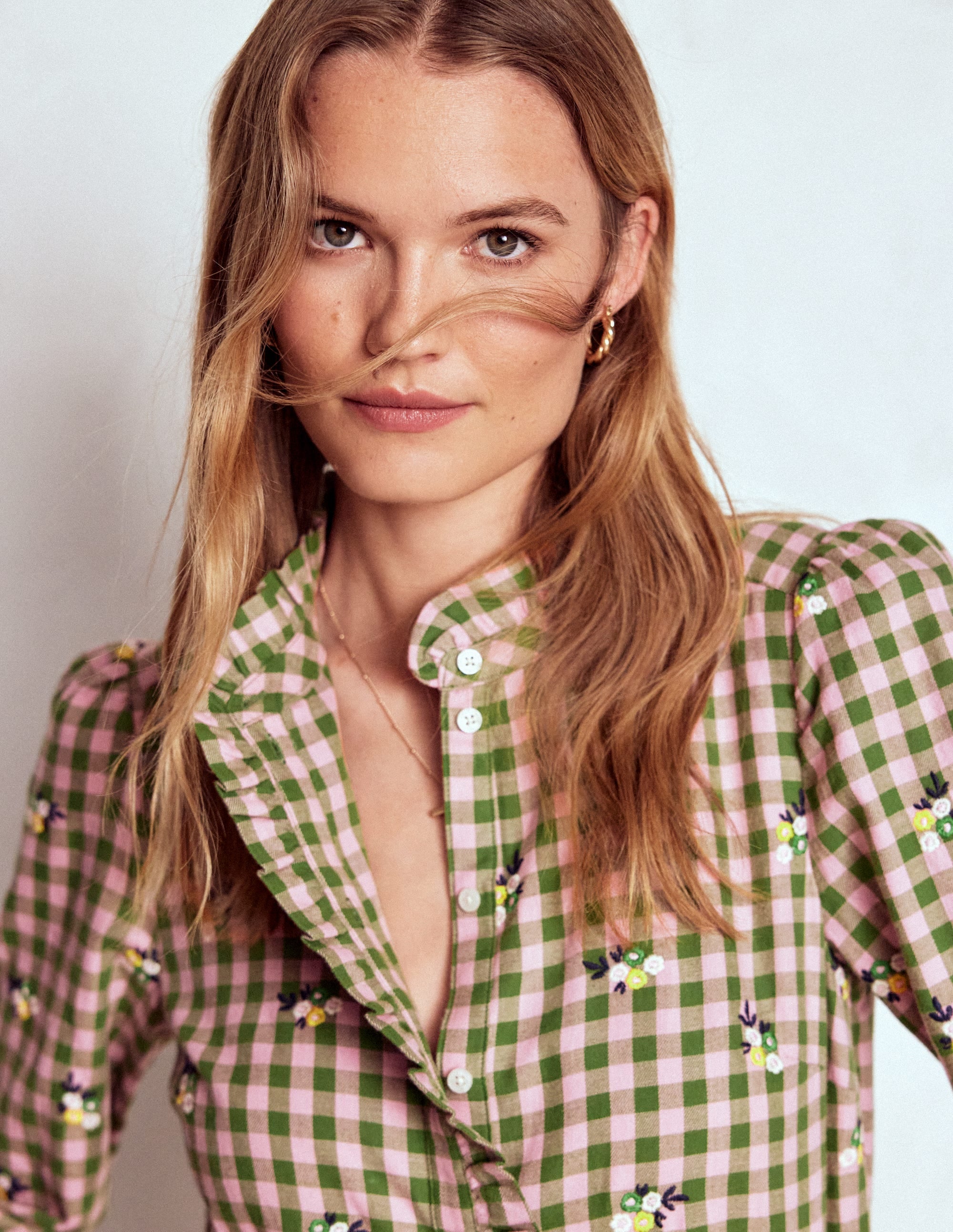 Helena Brushed Cotton Top-Green and Pink Floral Check - Image 1