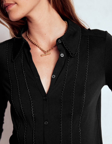 Picot Trim Jersey Shirt-Black
