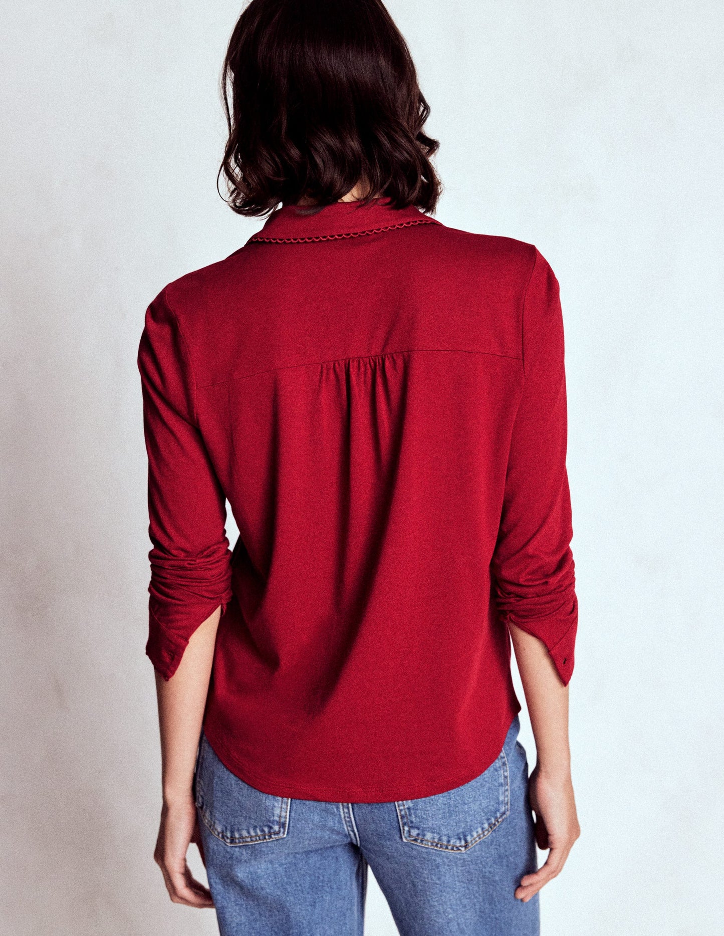Picot Trim Jersey Shirt-Crimson Red