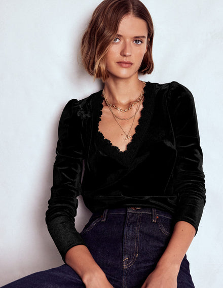 Flora V-neck Velvet Top-Black