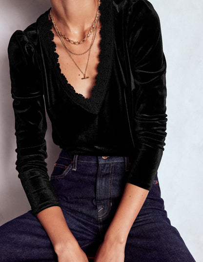 Flora V-neck Velvet Top-Black-2