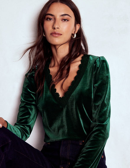 Flora V-neck Velvet Top-Emerald Night