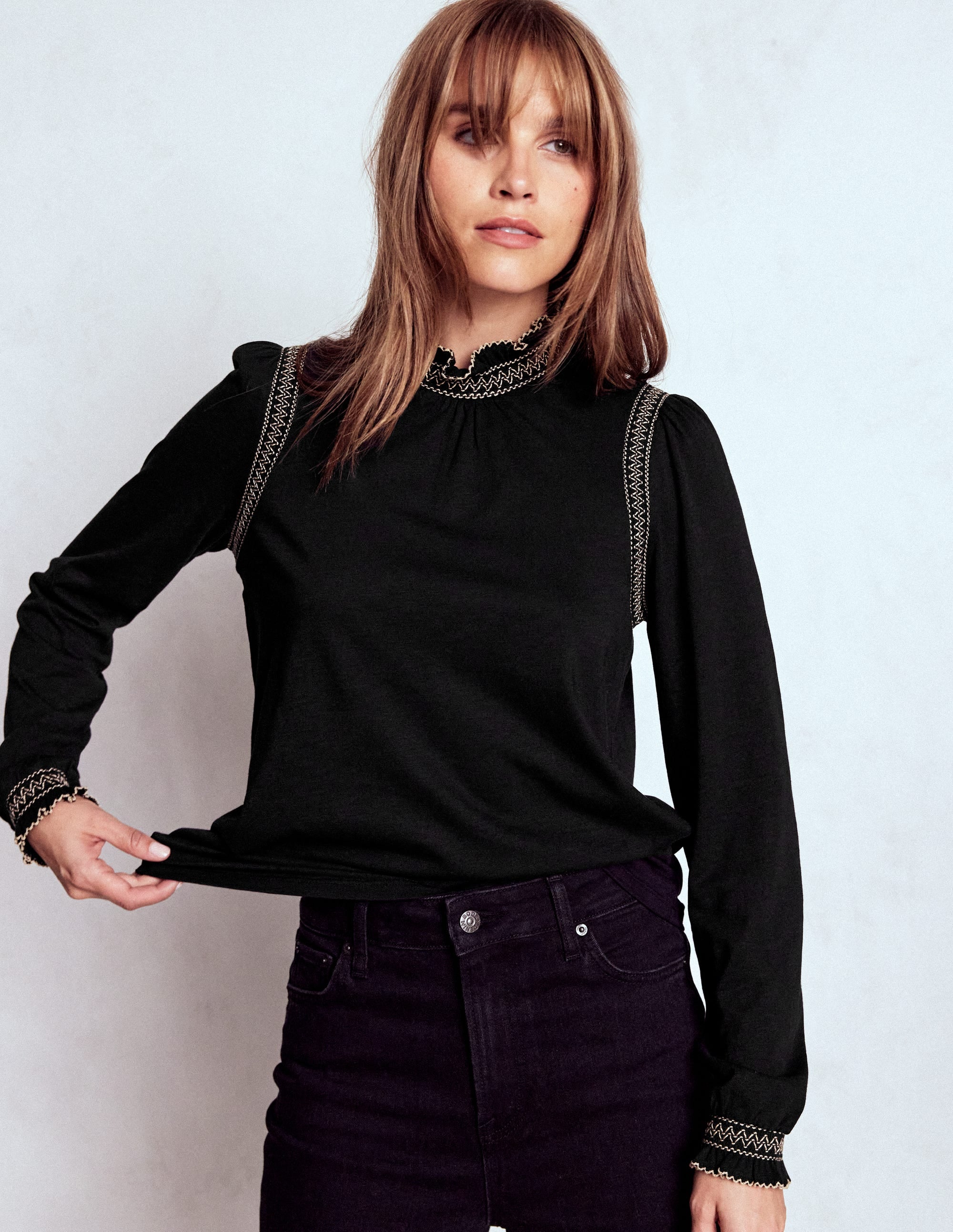 Tia Smocked Neck Jersey Top-Black - Image 4
