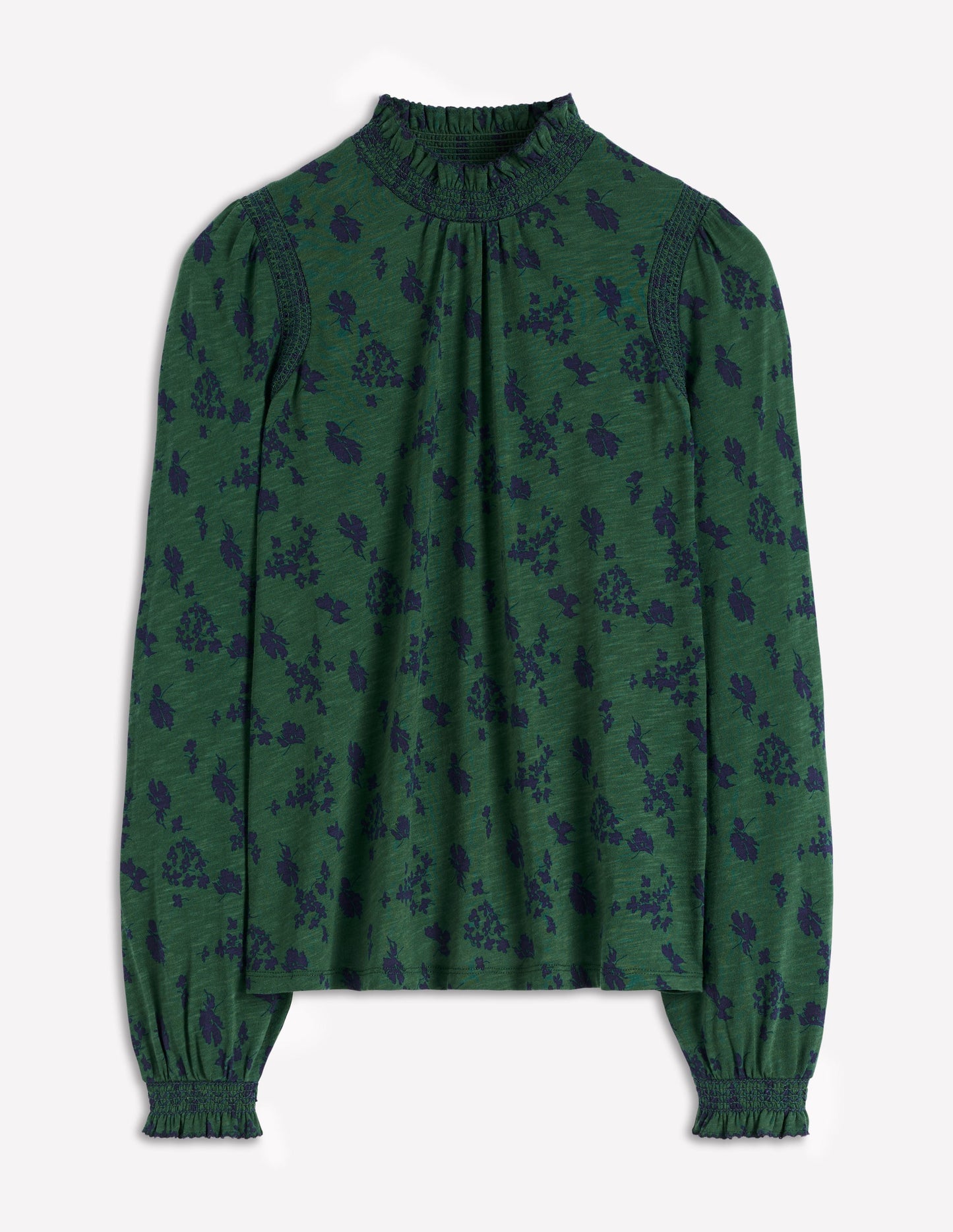 Tia Smocked Neck Jersey Top-Dark Green, Dainty Meadow