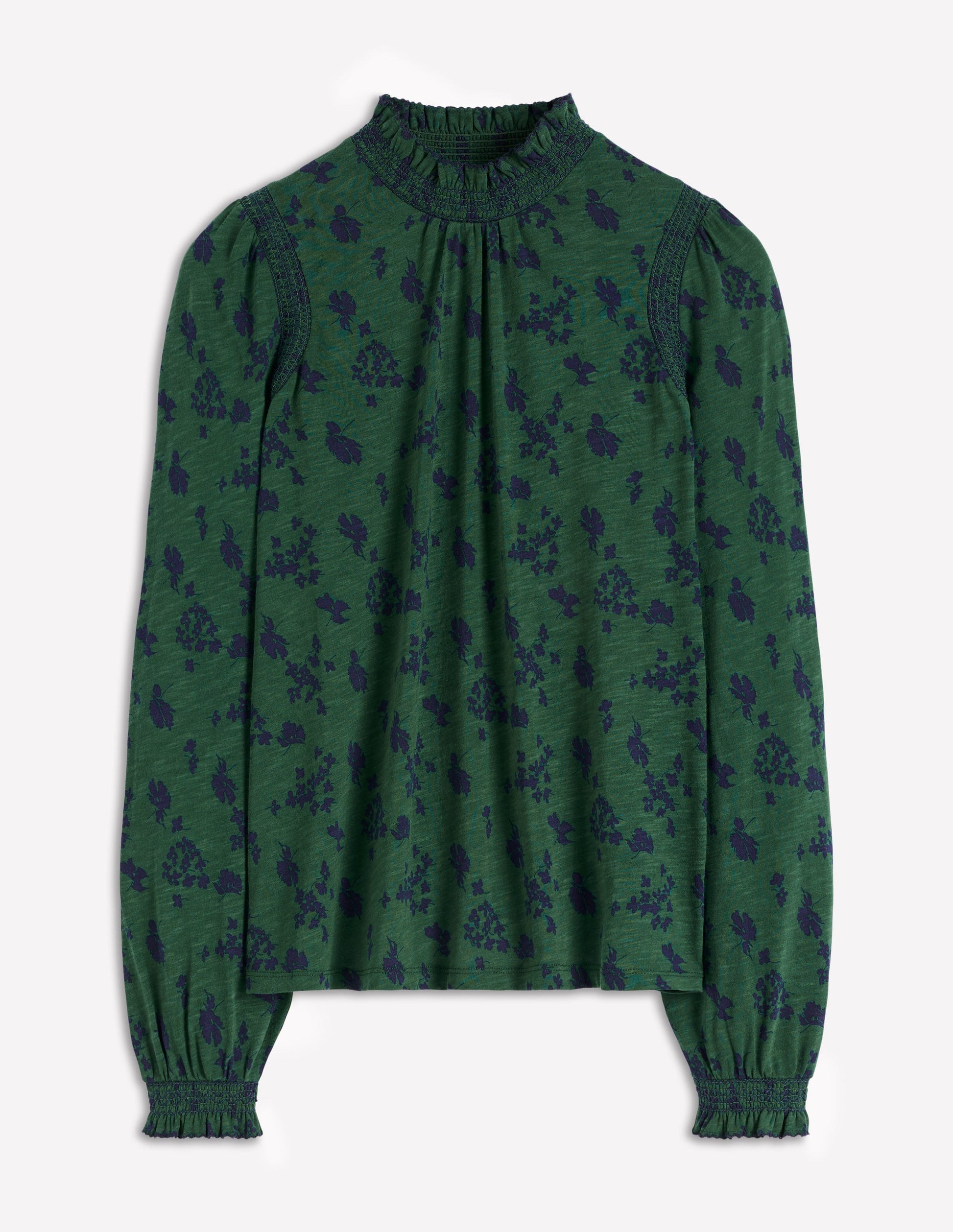 Tia Smocked Neck Jersey Top-Dark Green, Dainty Meadow-2