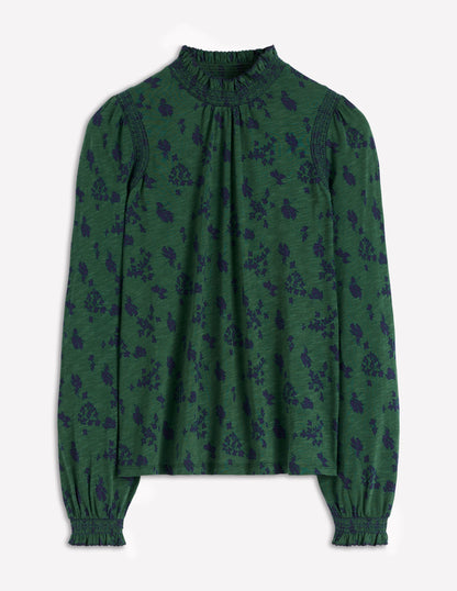 Tia Smocked Neck Jersey Top-Dark Green, Dainty Meadow-2