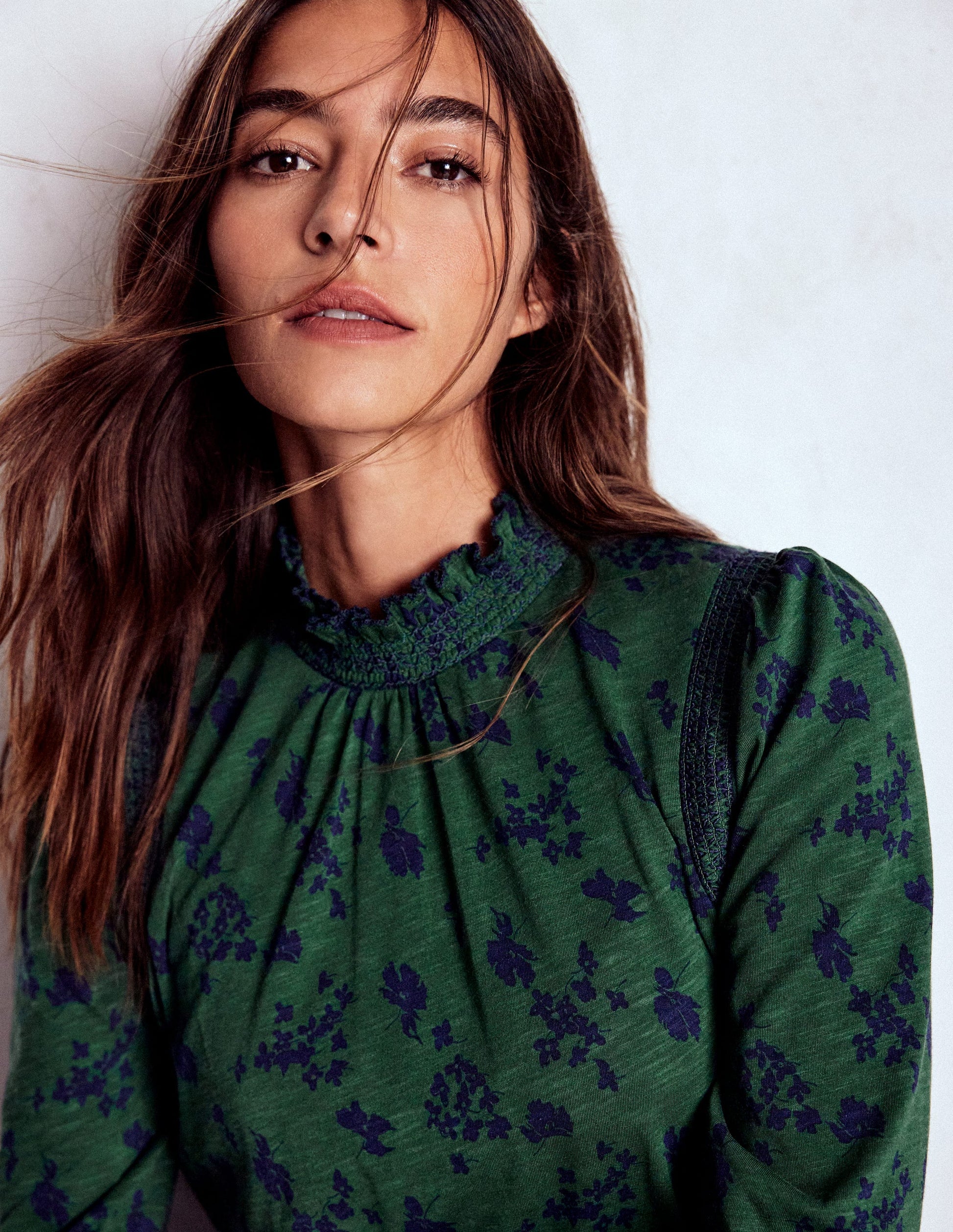 Tia Smocked Neck Jersey Top-Dark Green, Dainty Meadow-5