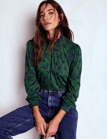 Tia Smocked Neck Jersey Top-Dark Green, Dainty Meadow-3