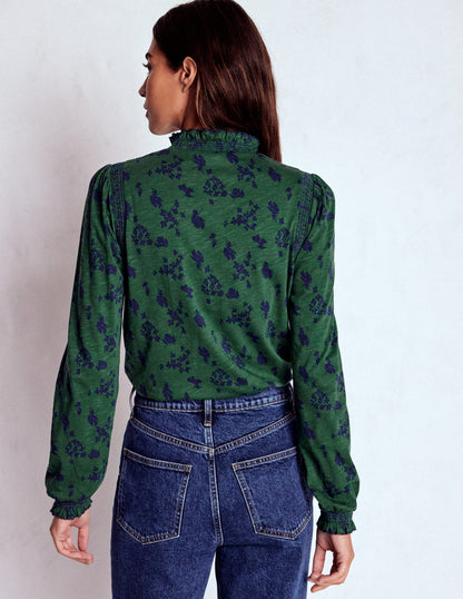 Tia Smocked Neck Jersey Top-Dark Green, Dainty Meadow-4