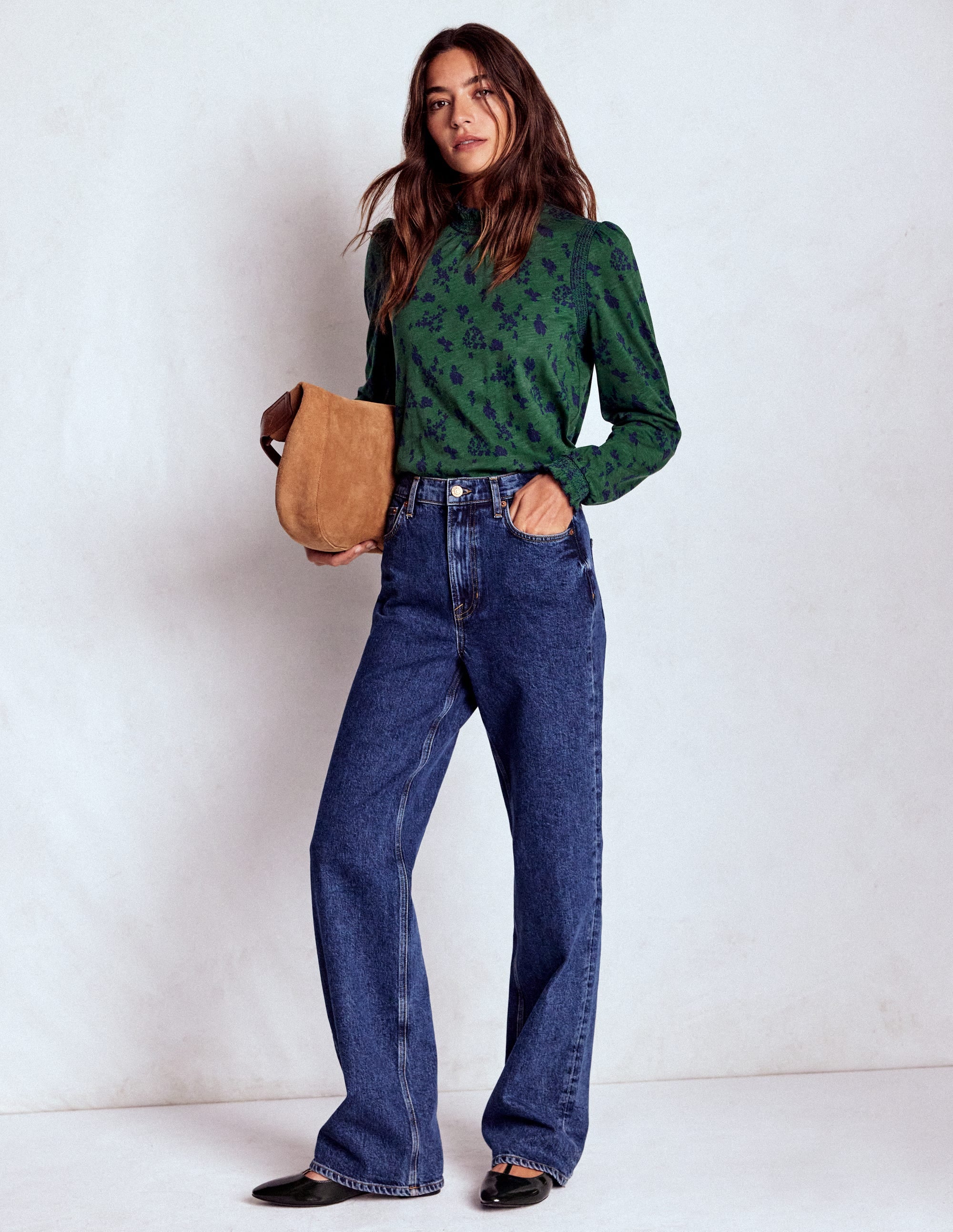 Tia Smocked Neck Jersey Top-Dark Green, Dainty Meadow - Image 1