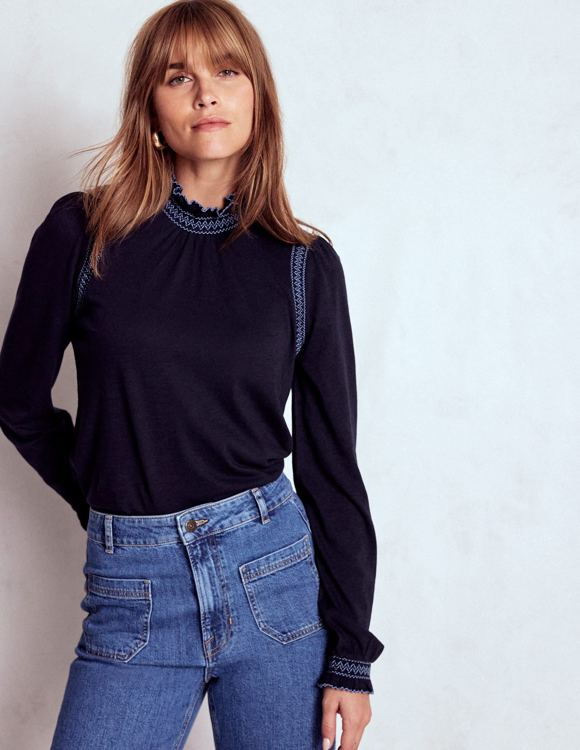 Tia Smocked Neck Jersey Top-Navy - Image 1