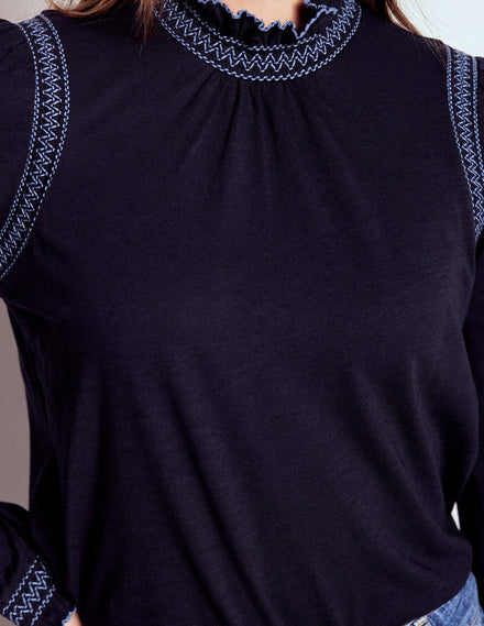 Tia Smocked Neck Jersey Top-Navy