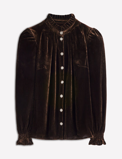 Lorna Pleat Neck Velvet Top-Espresso-8