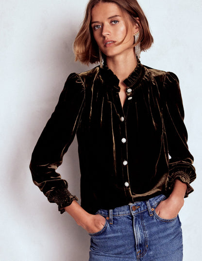Lorna Pleat Neck Velvet Top-Espresso-6