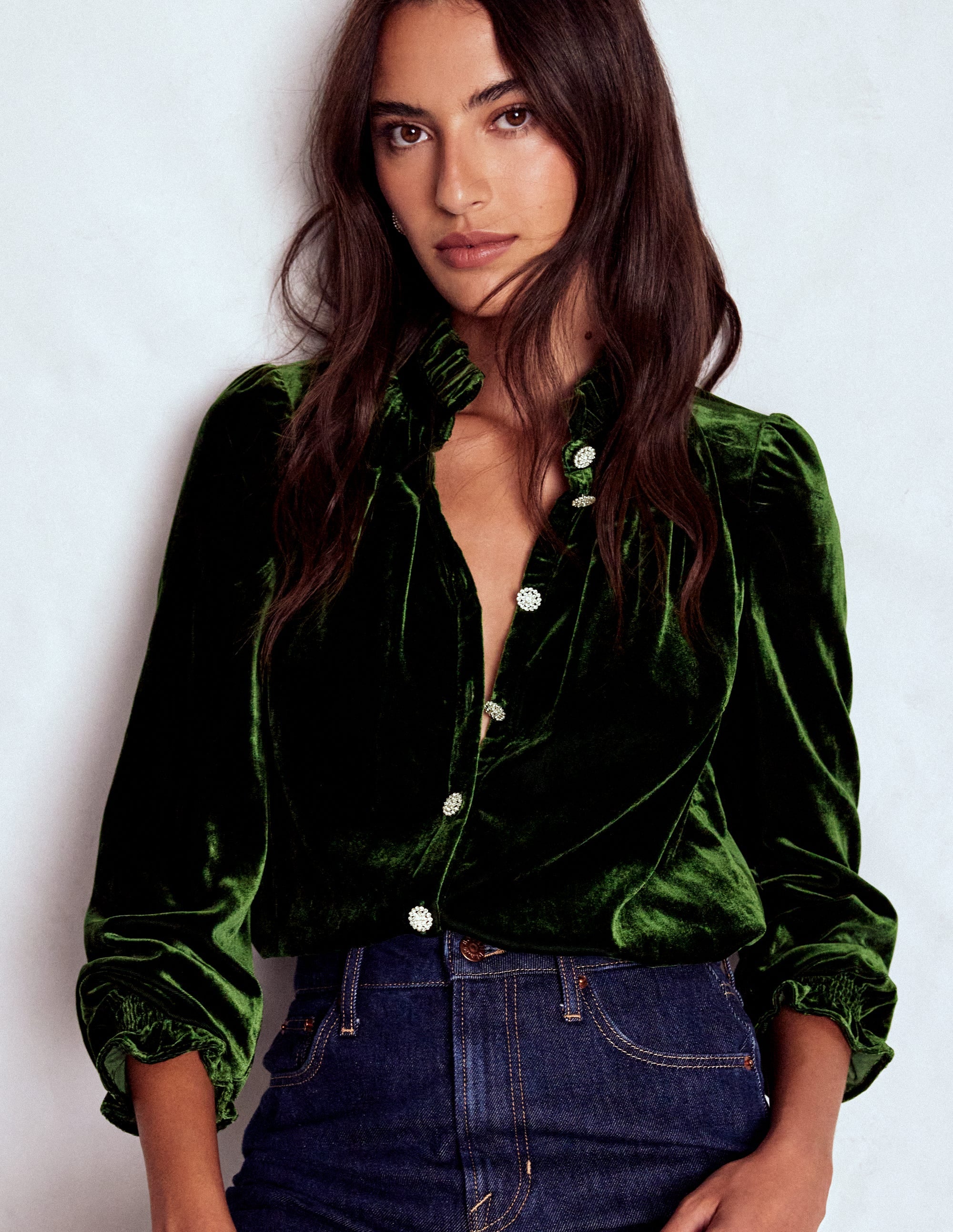 Lorna Pleat Neck Velvet Top-Green Fir - Image 1
