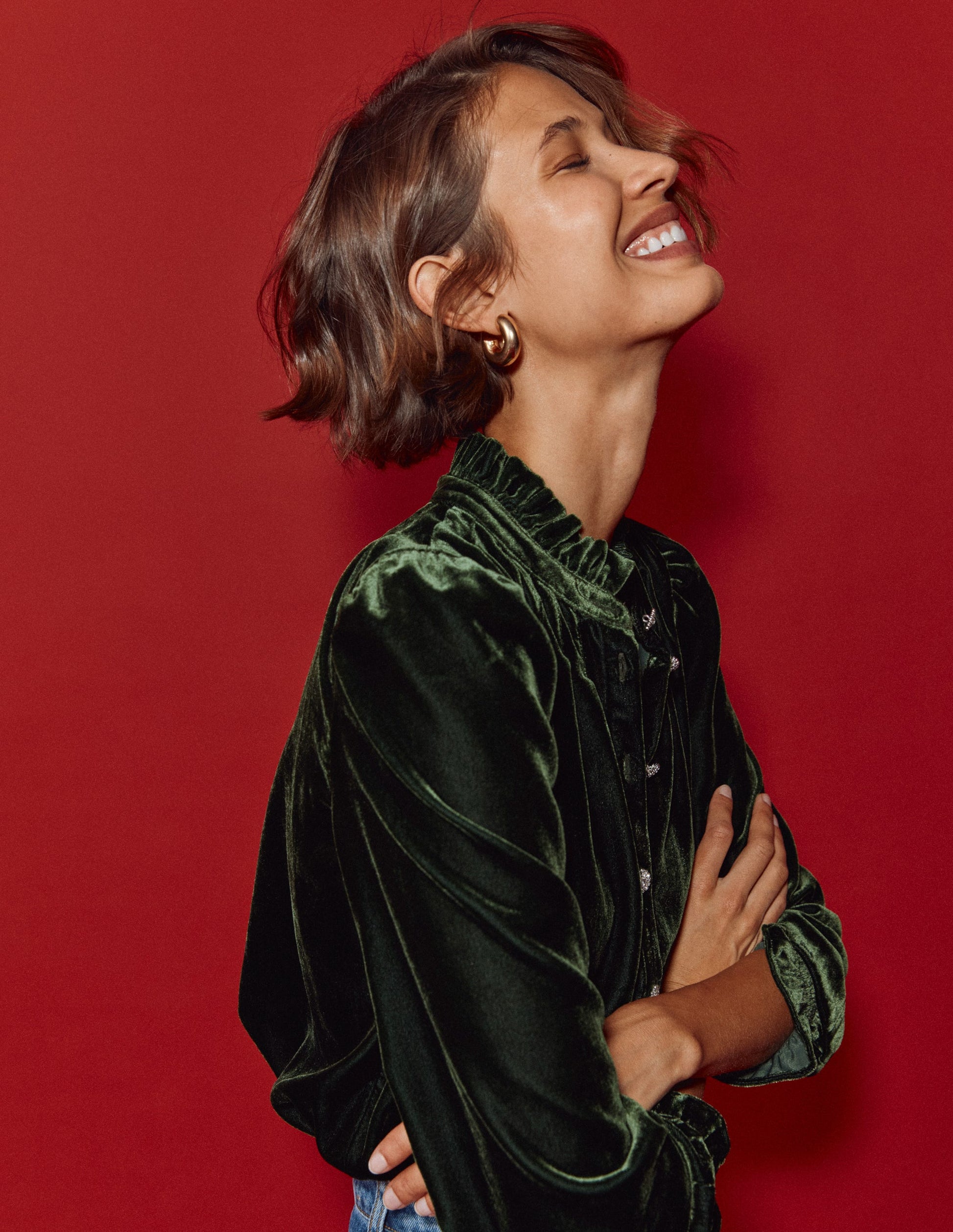 Lorna Pleat Neck Velvet Top-Green Fir-6